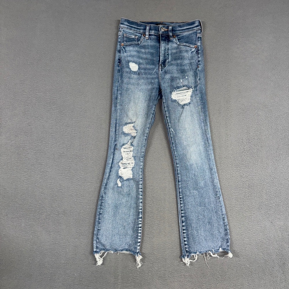 Express Jeans Womens 00 Blue Cropped Flare Distressed Denim High Rise Raw Hem
